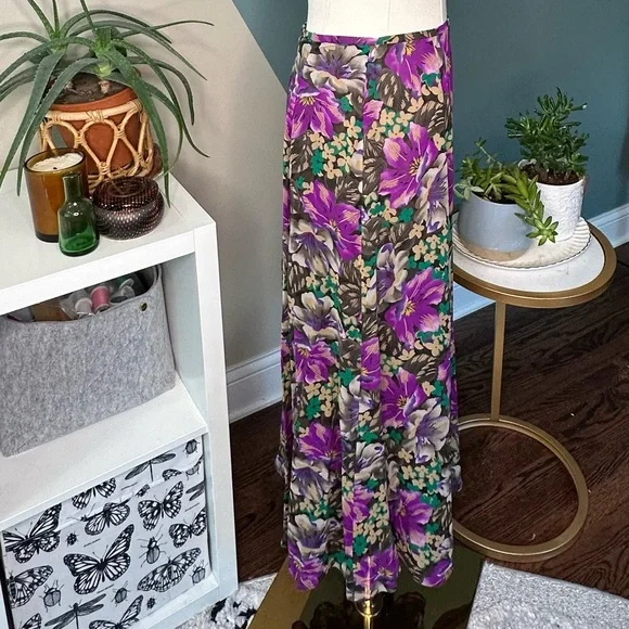 Dana Buchman 100% Silk Vintage Bias-Cut Floral Midi Skirt Size 4 Y2K Late 90s - Picture 4 of 12
